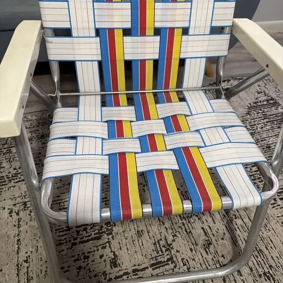 Vintage Rainbow Striped Mesh Web Aluminum Folding Lawn Chair 1970s Sun Terrace - Picture 3 of 13